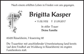 Traueranzeige von Brigitta Kasper von Trauerportal Rhein Main Presse