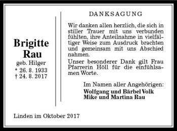 Traueranzeige von Brigitte Rau von  Gießener Anzeiger