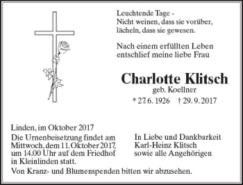 Traueranzeige von Charlotte Klitsch von  Gießener Anzeiger