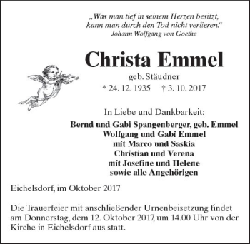 Traueranzeige von Christa Emmel von  Kreisanzeiger