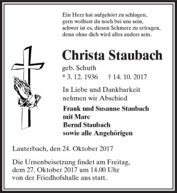 Traueranzeige von Christa Staubach von VRM Trauer