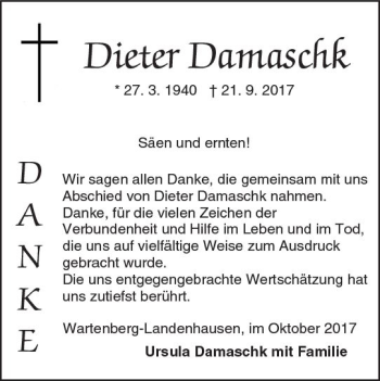 Traueranzeige von Dieter Damaschk von VRM Trauer