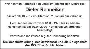 Traueranzeige von Dieter Renneißen von Trauerportal Rhein Main Presse