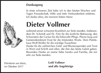 Traueranzeige von Dieter Vollmer von Trauerportal Rhein Main Presse