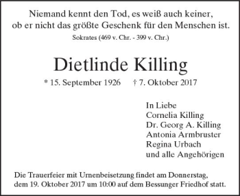 Traueranzeige von Dietlinde Killing von Trauerportal Echo Online