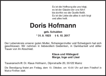 Traueranzeige von Doris Hofmann von Trauerportal Rhein Main Presse