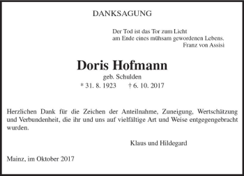 Traueranzeige von Doris Hofmann von Trauerportal Rhein Main Presse