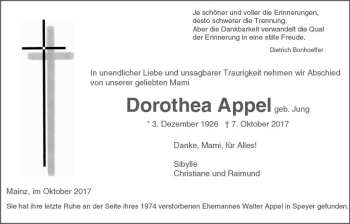 Traueranzeige von Dorothea Appel von Trauerportal Rhein Main Presse