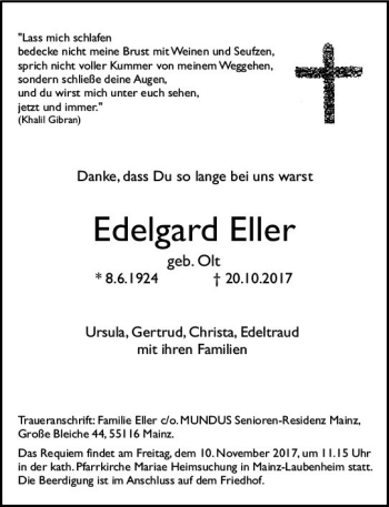 Traueranzeige von Edelgard Eller von Trauerportal Rhein Main Presse