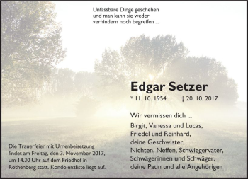 Traueranzeige von Edgar Setzer von Trauerportal Echo Online