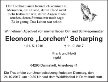 Traueranzeige von Eleonore  Scharping von Trauerportal Echo Online