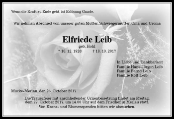 Traueranzeige von Elfriede Leib von  Gießener Anzeiger