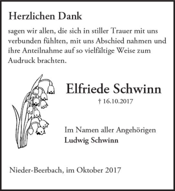 Traueranzeige von Elfriede Schwinn von Trauerportal Echo Online