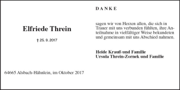 Traueranzeige von Elfriede Threin von Trauerportal Echo Online