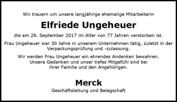Traueranzeige von Elfriede Ungeheuer von Trauerportal Echo Online