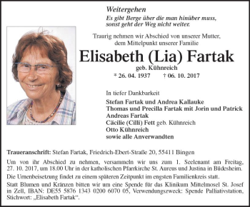 Traueranzeige von Elisabeth Fartak von Trauerportal Rhein Main Presse