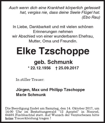 Traueranzeige von Elke Tzschoppe von Trauerportal Rhein Main Presse