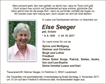 Traueranzeige von Else Seeger von VRM Trauer