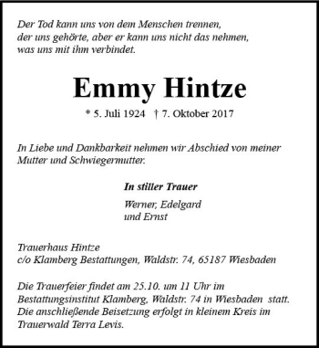 Traueranzeige von Emmy Hintze von Trauerportal Rhein Main Presse