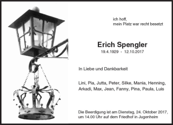 Traueranzeige von Erich Spengler von Trauerportal Echo Online