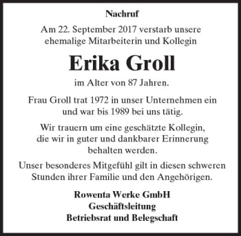 Traueranzeige von Erika Groll von Trauerportal Echo Online
