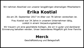 Traueranzeige von Erika Kostial von Trauerportal Echo Online