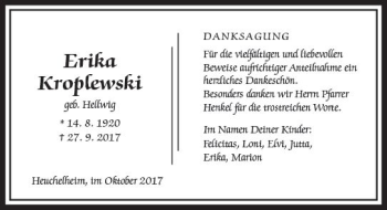 Traueranzeige von Erika Kroplewski von  Gießener Anzeiger