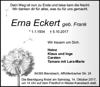 Traueranzeige von Erna Eckert von Trauerportal Echo Online