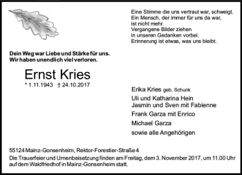 Traueranzeige von Ernst Kries von Trauerportal Rhein Main Presse