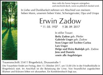 Traueranzeige von Erwin Zadow von Trauerportal Rhein Main Presse