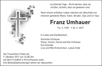 Traueranzeige von Franz Umhauer von Trauerportal Echo Online