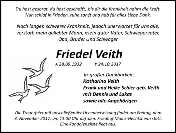 Traueranzeige von Friedel Veith von Trauerportal Rhein Main Presse