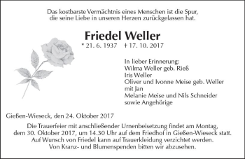 Traueranzeige von Friedel Weller von  Gießener Anzeiger