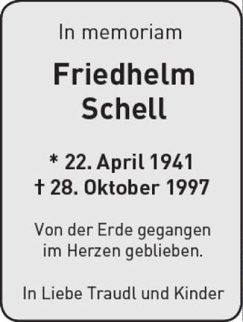 Traueranzeige von Friedhelm Schell von  Gießener Anzeiger