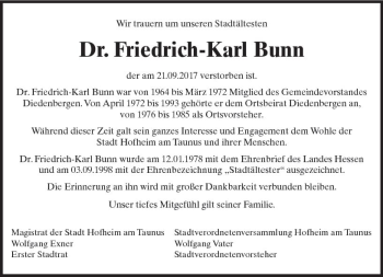 Traueranzeige von Friedrich-Karl Bunn von Trauerportal Rhein Main Presse