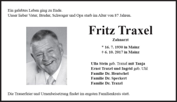 Traueranzeige von Fritz Traxel von Trauerportal Rhein Main Presse