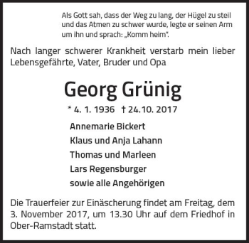 Traueranzeige von Georg Grünig von Trauerportal Echo Online