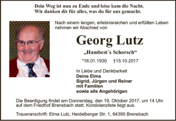 Traueranzeige von Georg Lutz von Trauerportal Echo Online