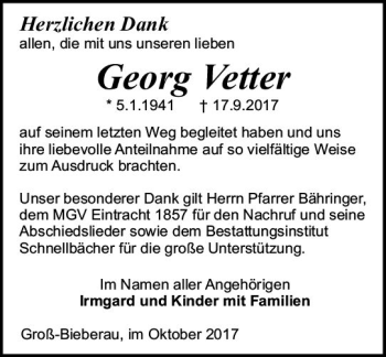 Traueranzeige von Georg Vetter von Trauerportal Echo Online