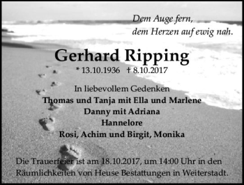 Traueranzeige von Gerhard Ripping von Trauerportal Echo Online