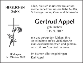Traueranzeige von Gertrud Appel von  Kreisanzeiger