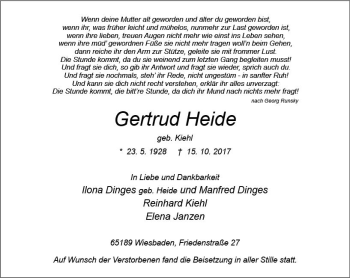 Traueranzeige von Gertrud Heide von VRM Trauer