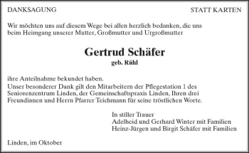 Traueranzeige von Gertrud Schäfer von  Gießener Anzeiger