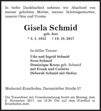 Traueranzeige von Gisela Schmid von Trauerportal Echo Online