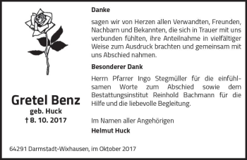 Traueranzeige von Gretel Benz von Trauerportal Echo Online