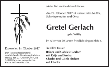 Traueranzeige von Gretel Gerlach von Trauerportal Rhein Main Presse