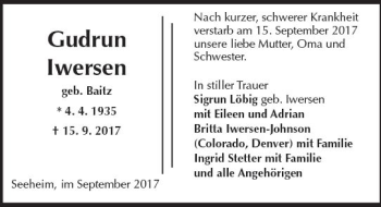 Traueranzeige von Gudrun Iwersen von Trauerportal Echo Online