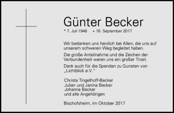 Traueranzeige von Günter Becker von Trauerportal Rhein Main Presse