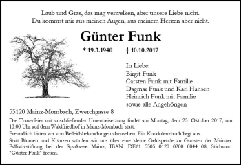 Traueranzeige von Günter Funk von Trauerportal Rhein Main Presse