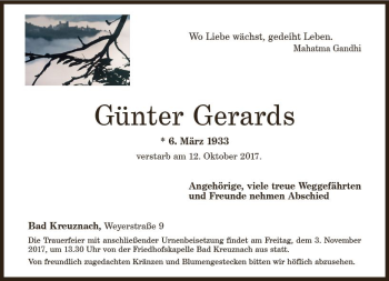 Traueranzeige von Günter Gerards von Trauerportal Rhein Main Presse